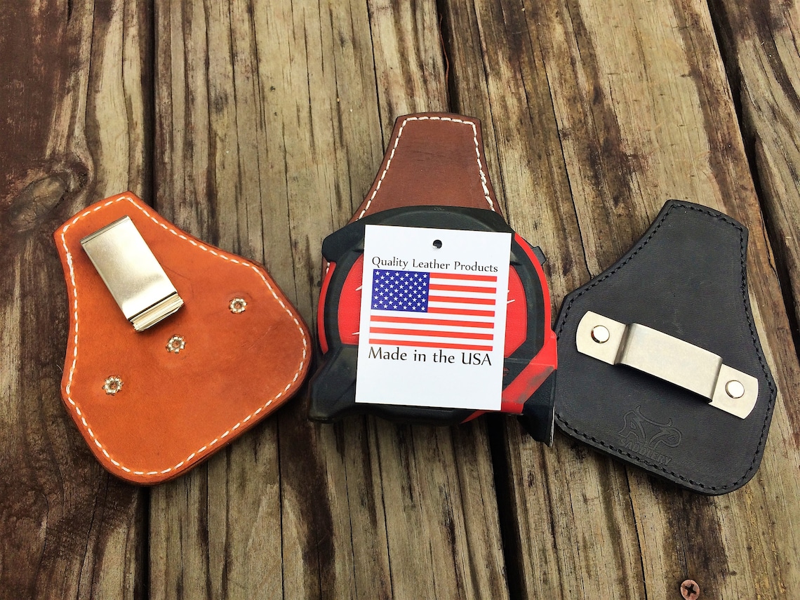 Low Profile Leather Tape Measure Holder With Belt Clip Made Etsy