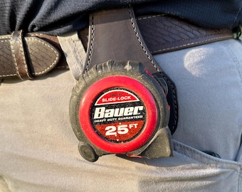 Low Profile Leather Tape Measure Holder with Belt Clip - Made in USA