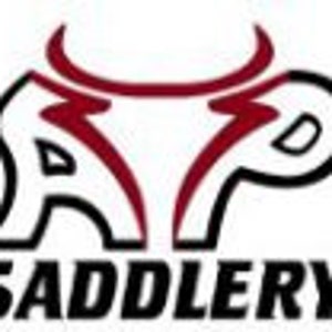 May include: Black and red logo for a company called "RP Saddlery". The logo features a stylized "RP" with a bull's head design.