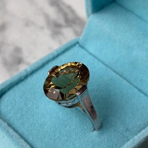 Pu&ograve; includere: Un anello con una grande pietra preziosa dal taglio ovale color marrone dorato, incastonata in una fascia di metallo color argento lucido. La pietra sfaccettata mostra tonalit&agrave; ambra e miele ed &egrave; presentata in una scatola blu brillante.