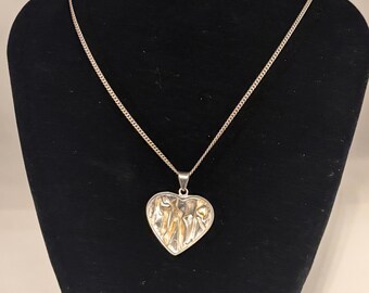 Uno A Erre Crumpled Sterling Silver Vintage Heart Necklace 925 1AR Italian Hallmarked Folded Fabric Texture Puffy Heart Pendant Long Chain