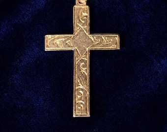 Vintage Victorian Style 9ct Solid Yellow Gold Ornate Cross Pendant Engraved by A.J.H. Personalisable Jewellery