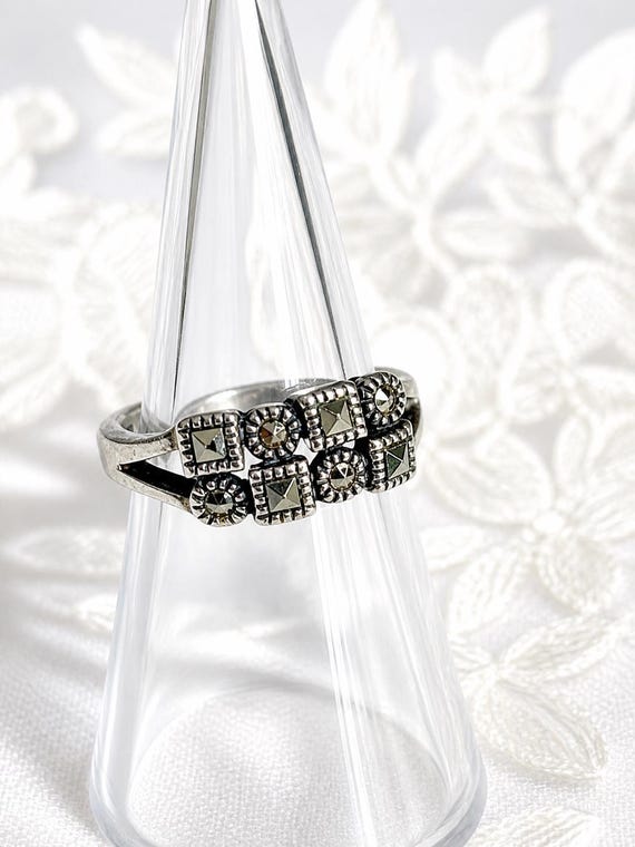 Art Deco Style Sterling Silver 925 Marcasite Ring, Geometric Cluster Detailing, Vintage Style UK L