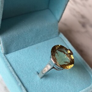 Pu&ograve; includere: Un anello in argento con una grande pietra preziosa gialla traslucida dal taglio ovale, fissata con griffe. L'anello &egrave; presentato all'interno di un portagioie azzurro foderato in velluto con coperchio incernierato, che mostra la chiarezza della pietra.