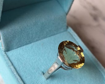 Vintage Citrine Sterling Silver Ring UK R 1/2, EU 59, Large Oval Golden Gemstone 925 Silver Bold Statement Cocktail Ring