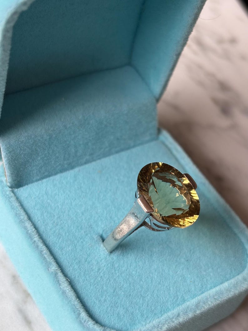 Pu&ograve; includere: Un anello in argento con una grande pietra preziosa gialla traslucida dal taglio ovale, fissata con griffe. L'anello &egrave; presentato all'interno di un portagioie azzurro foderato in velluto con coperchio incernierato, che mostra la chiarezza della pietra.