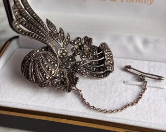Vintage Sterling Silber Markasit Blumen Spray Brosche 925 Art Deco Stil Statement Pin mit Sicherheitskettchen Large 13.67g