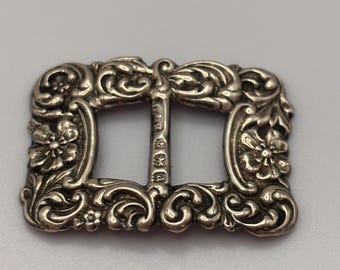 Antique Art Nouveau Victorian 1900 Levi & Salaman 925 Sterling Silver Ornate Buckle, Birmingham Hallmarked Floral Slide