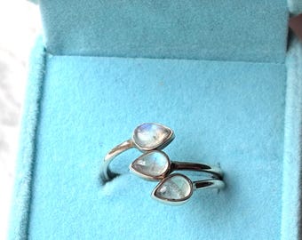 925 Silver Moonstone Open Ring, Triple Pear Stone Adjustable Sterling Silver Ring, UK Q, Boho Vintage Style Jewellery