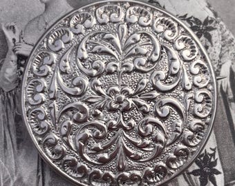 Antique 800 Silver Large Victorian Style Repoussé Scrollwork Ornate Floral Round Shield Brooch Late 19th Century