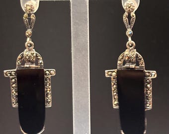 Art Deco Onyx Marcasite Sterling Silver Drop Earrings – Geometric Black Dangle