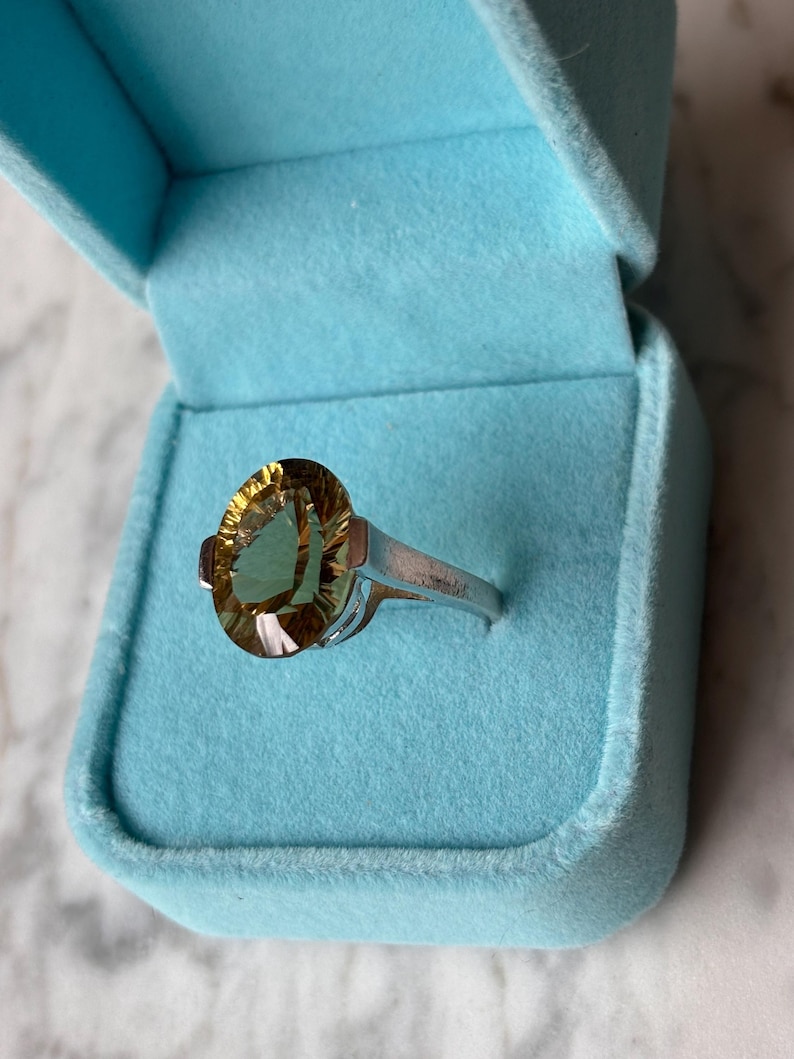 Pu&ograve; includere: Un anello color argento con una grande pietra preziosa giallo oro dal taglio ovale incastonata in una semplice fascia metallica. L'anello &egrave; esposto all'interno di un portagioie azzurro foderato in velluto con coperchio incernierato.