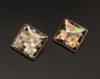 Mother of Pearl 925 Sterling Silver Clip On Earrings Checkerboard Shell Square Elegant Statement Jewellery