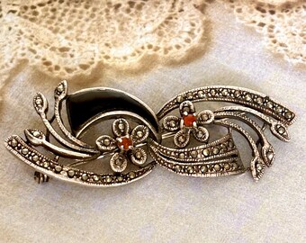Convertible Sterling Silver Marcasite Onyx Brooch Pendant, Vintage Red Cabochon Floral 925 Pin