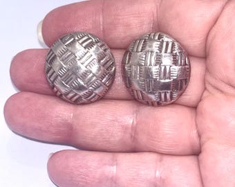 Large Vintage Round 925 Textured Bold Sculptural Sterling Silver 80s Stud Earrings Statement Button Studs Woven Pattern Artisan Jewellery