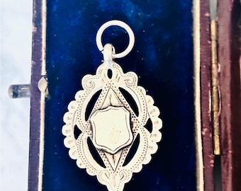 Sterling Silver Watch Fob Medal: William Henry Leather, Birmingham, Engravable Cartouche Pendant