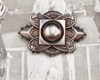 Antique Victorian Etruscan Revival Aesthetic Movement Repoussé Marked Silver Brooch 1870s 1890s Ornate Statement Pin