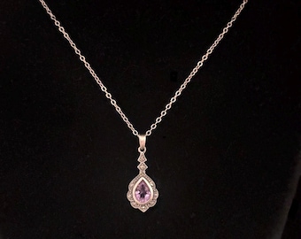 Collier pendentif vintage Pranda en argent sterling 925, améthyste et marcassite, taille poire, style Art déco