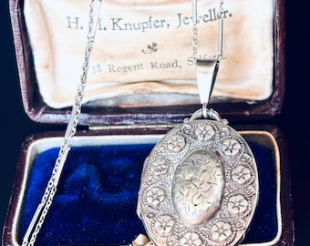 1884 Antique Large Victorian 925 Sterling Silver Locket Necklace, Floral Repoussé, 60cm Chain