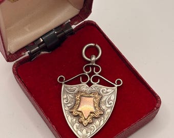 Antique George V 1920 Welsh Eisteddfod Sterling Silver Pocket Watch Shield Fob, Rose Gold Accent, Full English Hallmarks Jewellery