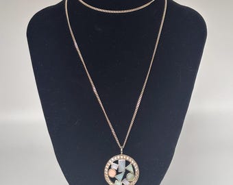 Mother of Pearl Mosaic Pendant on Very Long Chain Necklace 925 Sterling Silver Multicoloured Vintage Geometric Shell Inlay