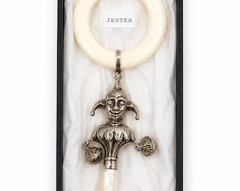Unused Vintage 3D Sterling Silver 925 Sculptural Christening Gift Jester Baby Rattle Teether Hallmarked Original Box Mother of Pearl Handle
