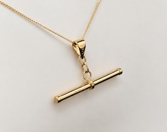 Solid 9ct Yellow Gold T-Bar Pendant Necklace, Marked 375, Adjustable 40–46cm Chain