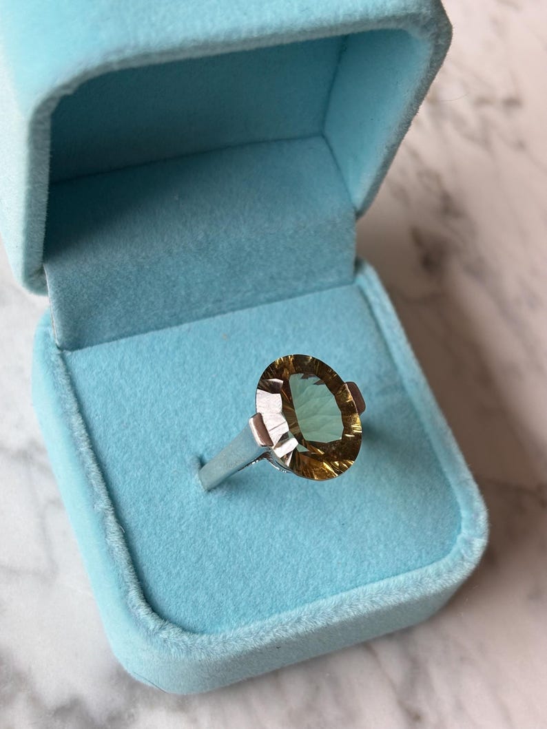 Pu&ograve; includere: Un anello in argento con una grande pietra preziosa giallo oro dal taglio ovale, incastonata in una semplice fascia metallica. L'anello &egrave; esposto all'interno di un portagioie quadrato in velluto azzurro con coperchio incernierato.