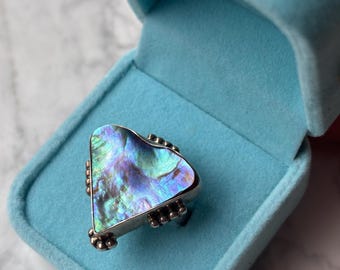 Vintage 925 Abalone Bold Sculptural Sterling Silver Statement Shell Ring UK Size O Art Deco Style Handmade Boho Ring Handmade Jewellery