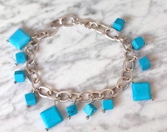 Sterling Silver Turquoise Charm Bracelet, 925 Blue Stone Dangle Bracelet, Boho Chunky Link Jewellery