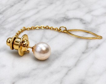 Spilla da cravatta vintage giapponese con perla, in oro massiccio 750 18 carati, design classico con catena placcata oro, marcata K18, gioiello da uomo.