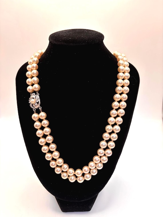 Vintage 925 Sterling Silver Clasp Double Strand Luxury Faux Pearl Necklace Cream Pearls 64cm Classic Elegant Bridal