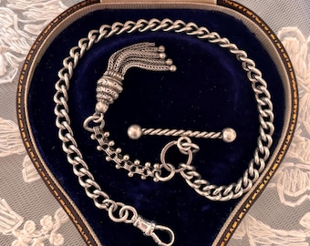 Solid Sterling Silver Albert & Albertina Bracelet, Antique Vintage Watch Chain T Bar Tassel Dog Clip