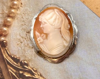 Vintage 1976 Sterling Silver Shell Cameo Brooch, Ward Brothers Birmingham Hallmarked Lady Pin