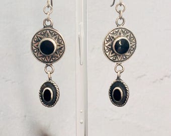 Vintage Sterling Silver Black Onyx Drop Earrings: Geometric Sunburst, Mexican Style (1980s-90s)