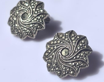 Vintage Sterling Silver Marcasite Clip On Earrings, 1950s Floral Round Swirl Geometric Art Deco Style