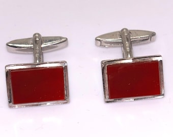 Vintage 1982 Sterling Silver Carnelian Cufflinks Fully Hallmarked | Rectangular Red Stone Cuff Links | Minimalist Retro Men’s Jewellery