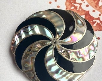 2-in-1 Vintage Taxco Sterling Silver Bold Sculptural Brooch Pendant Mexico 925 Abalone Black Enamel Pin Wheel Mid Century Statement Jewelry