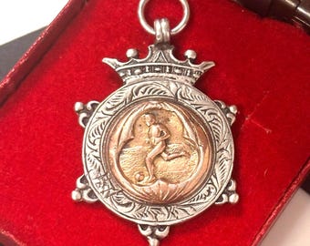 1926 Antique Sterling Silver Football Watch Chain Fob Albert Chain Pendant Rose Gold Accent