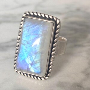 Vintage 925 Sterling Silver Moonstone Rectangular Cabochon Statement Ring Large Blue Flash Moonstone | Artisan Handcrafted Ring