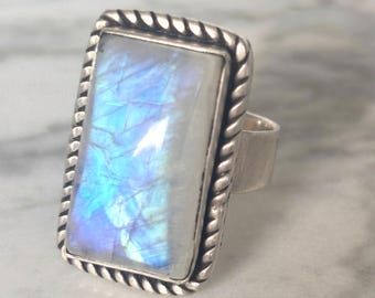Bold Artisan Moonstone Sterling Silver 925 Rectangular Cabochon Vintage Statement Ring Handmade Festival Jewellery June Birthstone