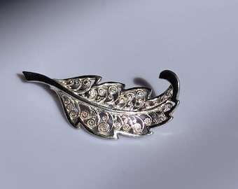 Vintage 925 Sterling Silver Filigree Feather Brooch, Openwork Leaf Pin, Mid Century Jewellery