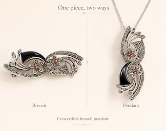 Spilla/ciondolo convertibile in argento sterling stile Art Déco con marcasite e onice, spilla vintage in argento 925 con cabochon floreale rosso.