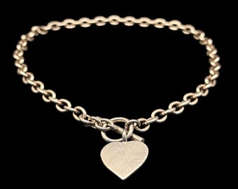 Vintage Solid 925 Sterling Silver T Bar Heart Necklace, Chunky Heavy Oval Cable Link Chain Choker 30 grams