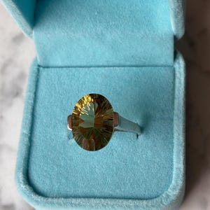 Pu&ograve; includere: Un anello in argento con una grande pietra preziosa sfaccettata a taglio ovale, caratterizzata da un gradiente di tonalit&agrave; gialle, verdi e marroni. L'anello &egrave; esposto all'interno di un portagioie azzurro foderato in velluto con coperchio.