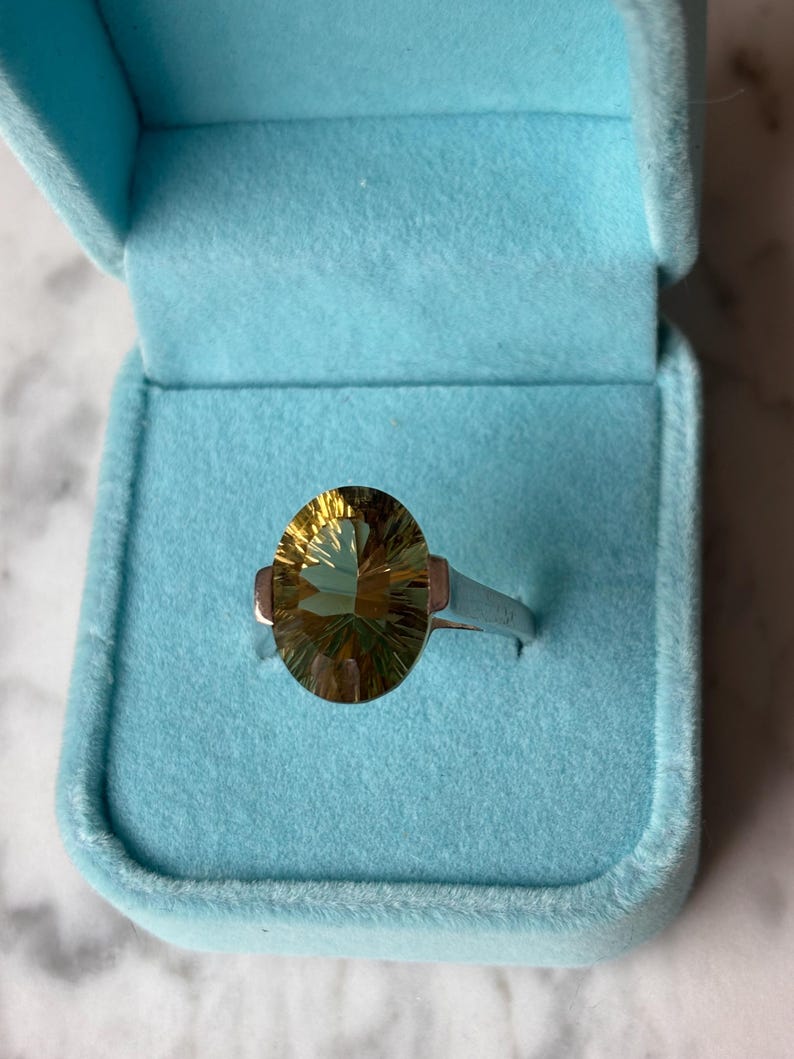Pu&ograve; includere: Un anello in argento con una grande pietra preziosa sfaccettata a taglio ovale, caratterizzata da un gradiente di tonalit&agrave; gialle, verdi e marroni. L'anello &egrave; esposto all'interno di un portagioie azzurro foderato in velluto con coperchio.