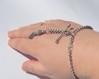 Solid Sterling Silver Albert & Albertina Bracelet, Antique Vintage Watch Chain T Bar Tassel Dog Clip