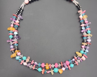 Pastel Multi-Gem Candy Rainbow Necklace Double Strand 925 Sterling Silver Pearl Amethyst Citrine Turquoise Pink Tourmaline
