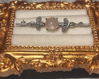 Cabochon Rose Quartz Vintage 925 Sterling Silver Bar Brooch Pink Stone jewellery