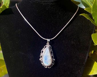 Bold Moonstone Sterling Silver 925 Necklace teardrop cabochon pendant Sterling Silver Snake Chain Boho jewellery Blue Flash Necklace